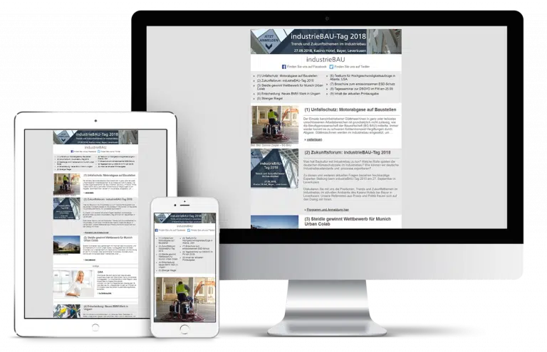 Der Industriebau Newsletter dargestellt auf dem Tablet, dem Smartphone und in der Desktopversion.