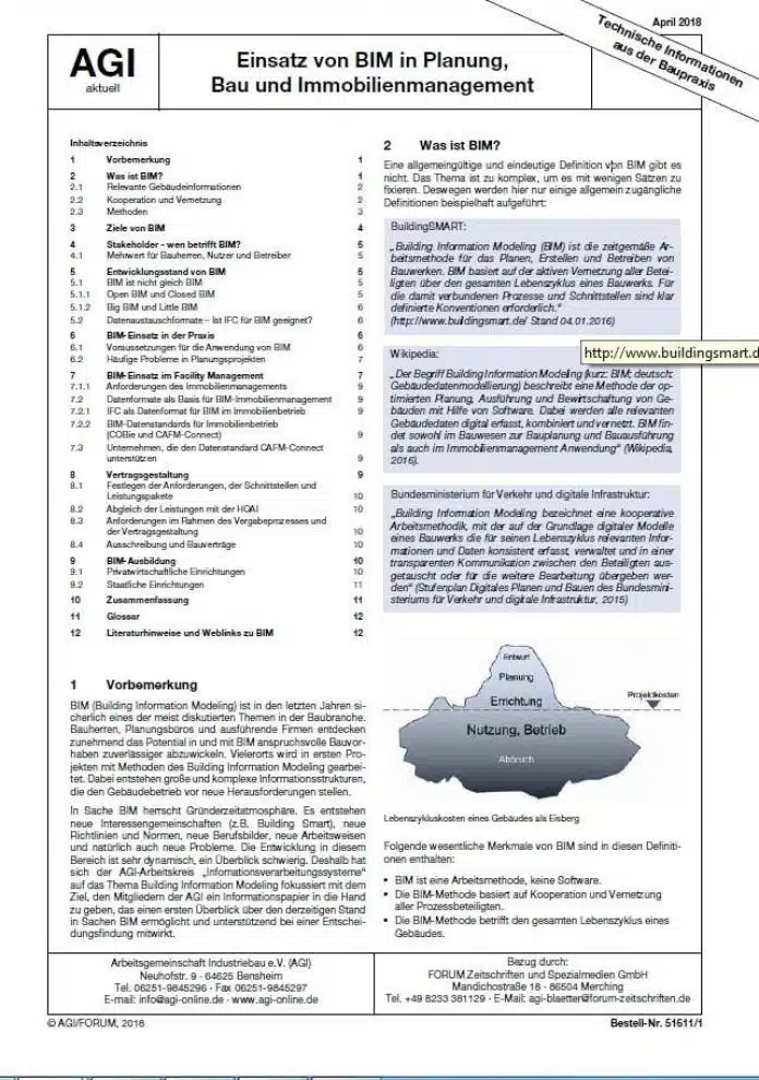 AGI-Arbeitsblatt, BIM in Planung, Bau und Immobilienmanagement, Arbeitsgemeinschaft Industriebau, Technische Informationen aus der Baupraxis, AGI, Building Information Modeling, BIM, Bauherr