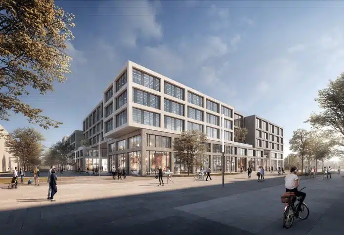 Rendering der Über-Eck-Ansicht auf das erste Gebäude des Münchener LabCampus. Bild: AuerWeber