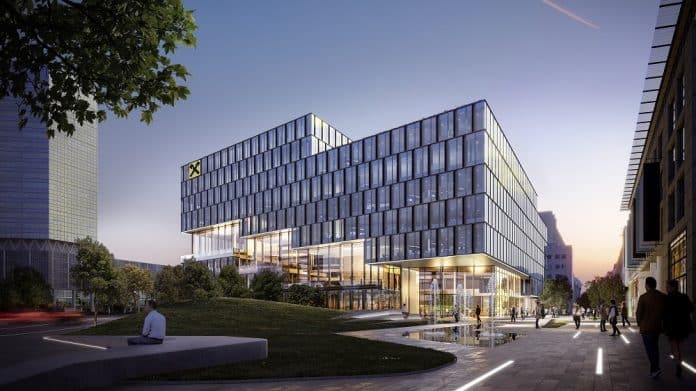 Rendering der neuen Zentrale der Raiffeisenlandesbank Oberösterreich. Bild: HENN