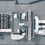 Efficient ventilation system on the roof of the house, air conditioner fans, ventilation system on the roof of residential buildings, aerial view