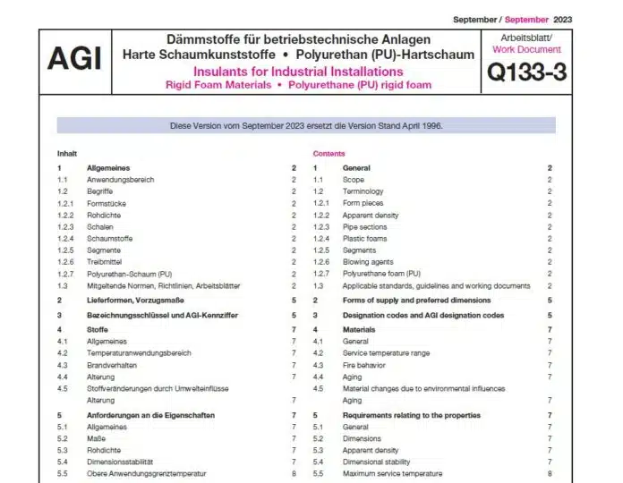 AGI-Arbeitsblatt Q133-3 „Dämmstoffe für betriebstechnische Anlagen: Harte Schaumkunststoffe - Polyurethan (PU)-Hartschaum