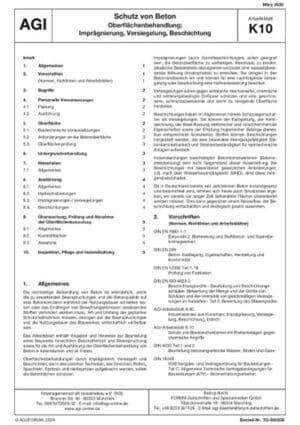 Cover der AGI K10 Broschüre: 'Schutz von Beton – Oberflächenbehandlung; Imprägnierung, Versiegelung, Beschichtung', März 2005