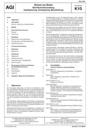 Cover der AGI K10 Broschüre: 'Schutz von Beton – Oberflächenbehandlung; Imprägnierung, Versiegelung, Beschichtung', März 2005