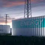 Renewable energy storage. Containers with high tension towers.