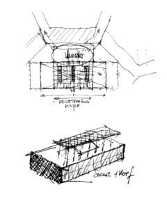 Loose ink sketch of a rectangular building with a pitched roof and scaffold-like framing around a central core, with handwritten notes beneath