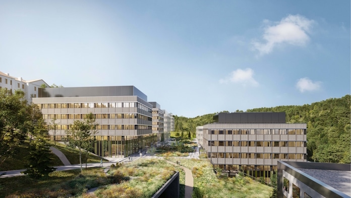 Rendering of a modern campus with glass-front office buildings set among green landscaping and walking paths under a blue sky