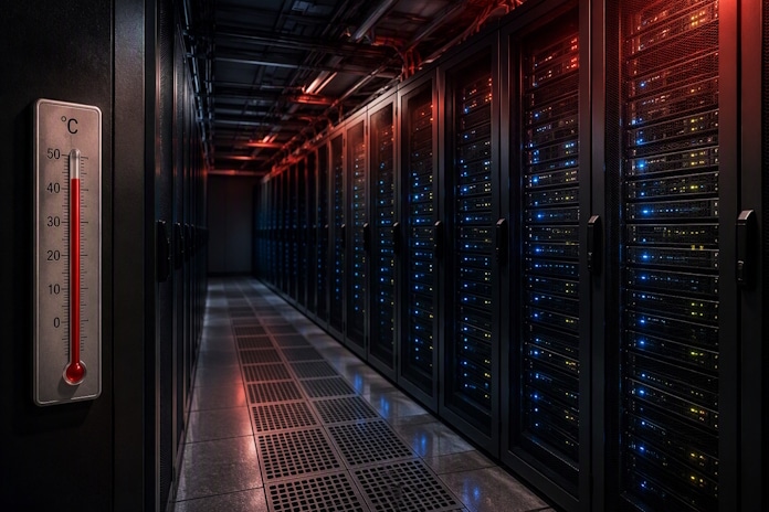 Data center server room with rows of illuminated racks, blue and red lights, and a wall thermometer showing about 25°C.