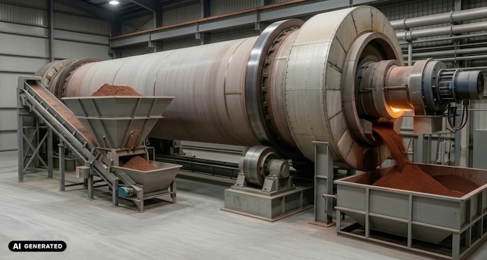 Large rotary drum mill in a processing plant, feeding reddish ore into a chute