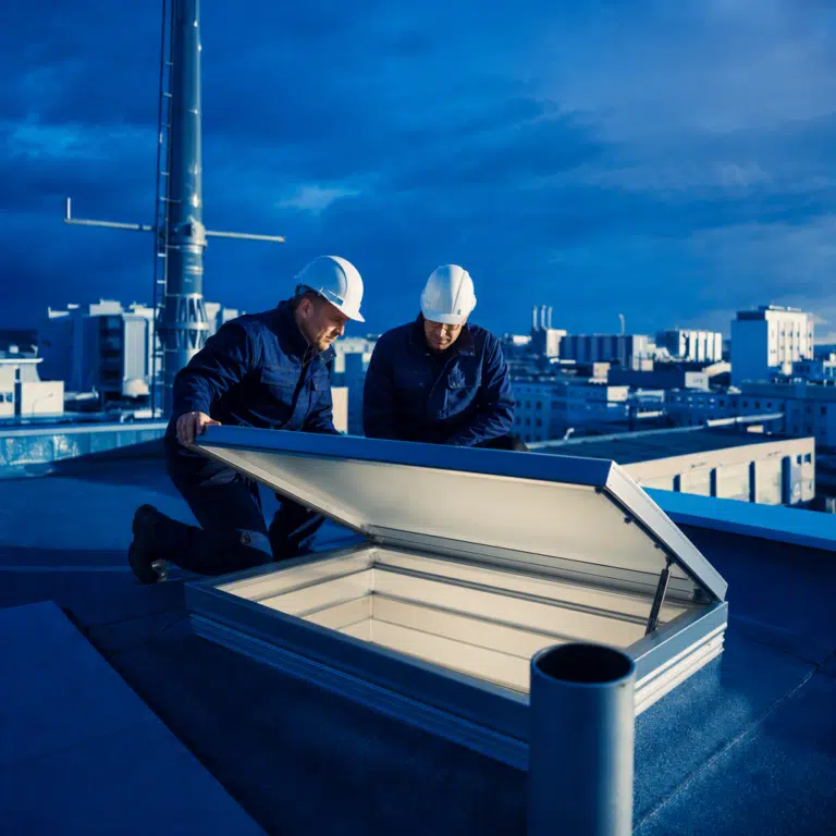 Zwei Personen mit Schutzhelmen öffnen eine Dachluke auf einem Flachdach; im Hintergrund sind Industriegebäude unter dunklem Himmel zu sehen.