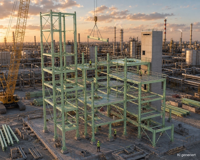 Green steel framework of a multi-story building under construction at sunset, with a crane lifting a beam and workers in hard hats on the structure amid an industrial backdrop.