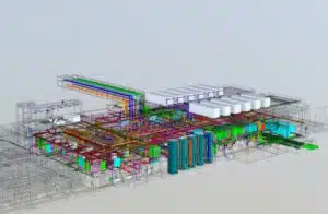 Complex 3D industrial plant model with multicolored pipelines, tanks, and equipment.