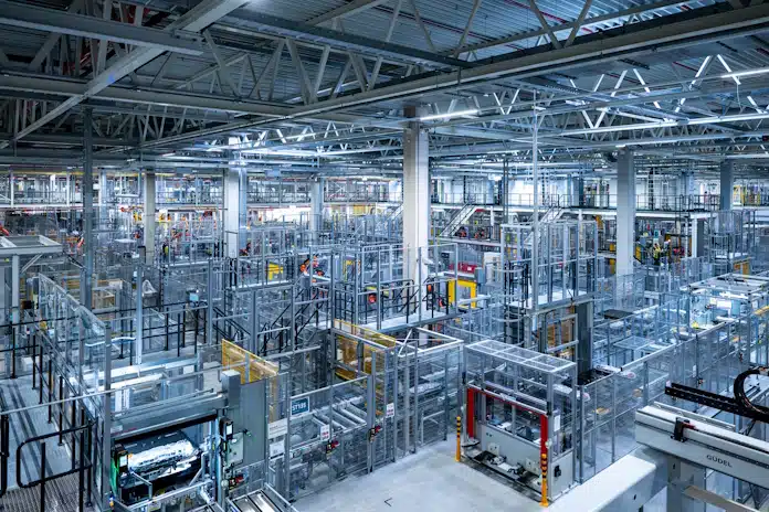 Interior of a large manufacturing plant with metal framing, conveyor belts, and fenced workstations.
