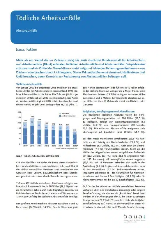 Faktenblatt „Tödliche Arbeitsunfälle – Absturzunfälle“ der Bundesanstalt für Arbeitsschutz und Arbeitsmedizin (BAuA)