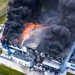 Aerial view of burnt industrial warehouse or logistics center building after big fire with huge smoke from burned roof