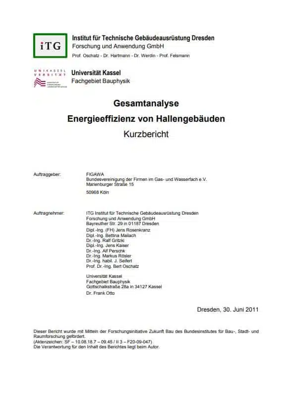 Gesamtanalyse Energieeffizienz Hallengebäude für EnEV-Novelle